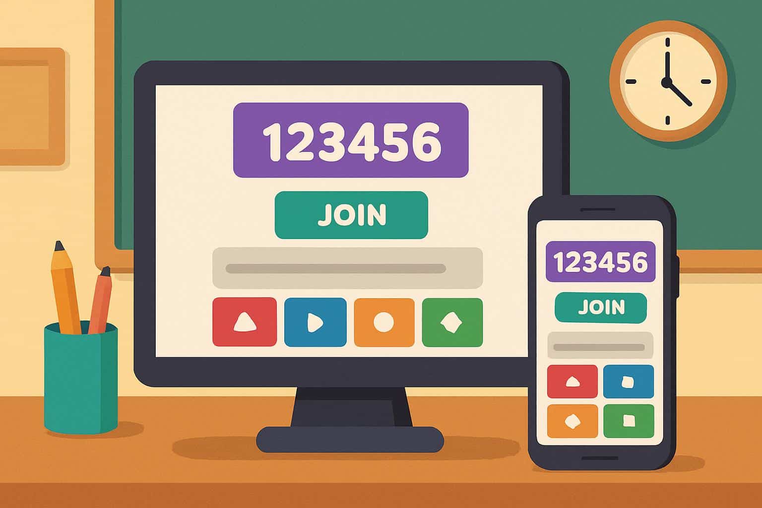Blooket join code screen on laptop in classroom, colorful blook characters