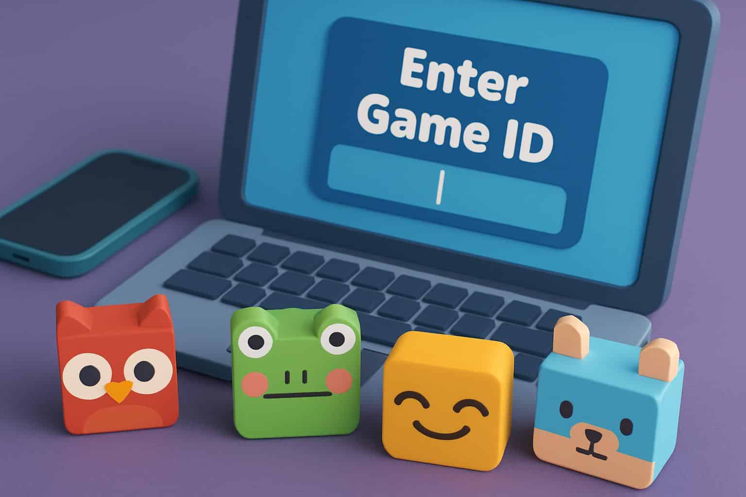 Isometric Blooket join screen: code entry on tablet, blocks connecting into classroom quiz lobby