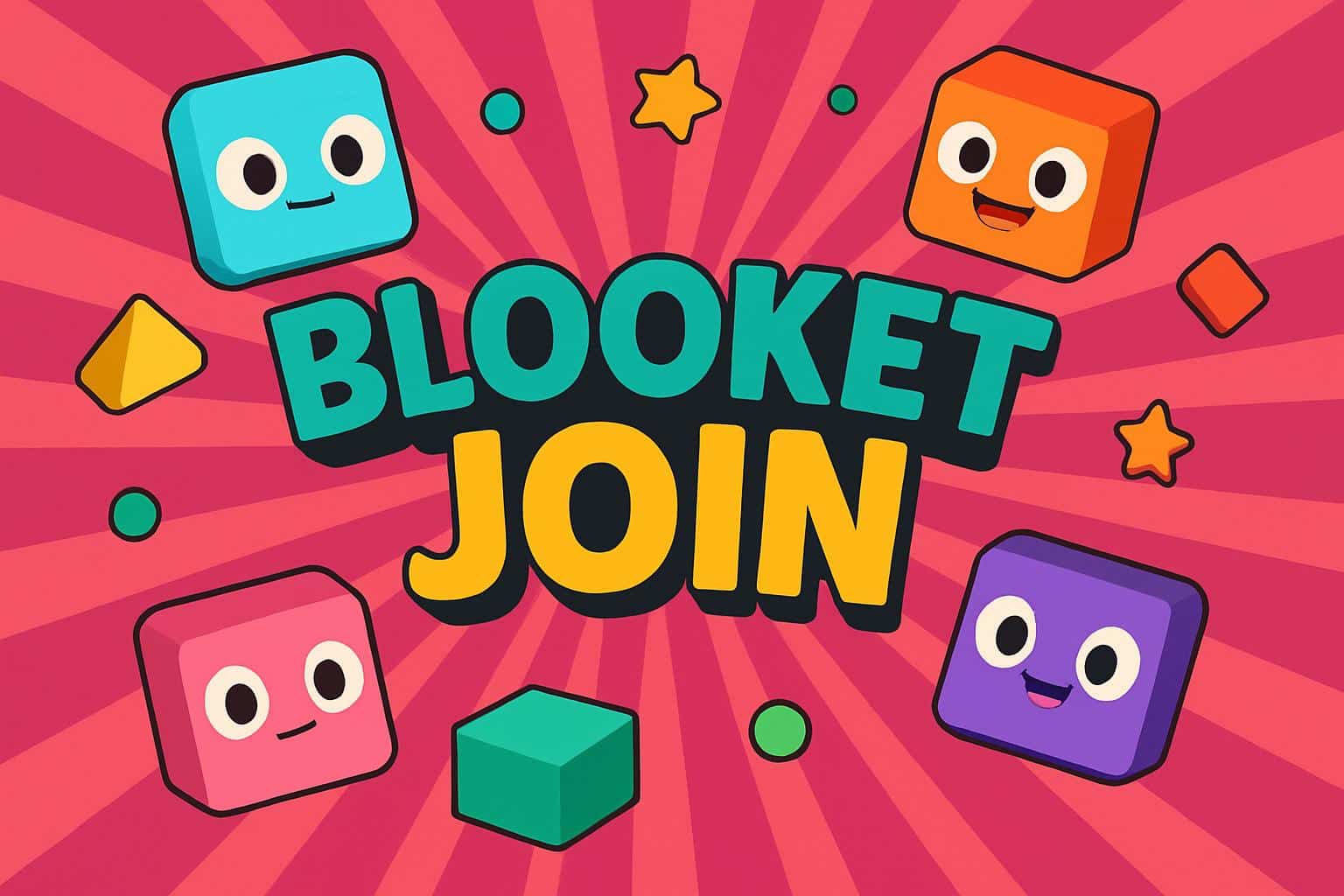 Vibrant Blooket join concept with colorful game icons, confetti, and quiz blocks.