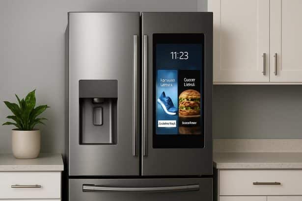 Samsung Family Hub smart fridge display showing ads