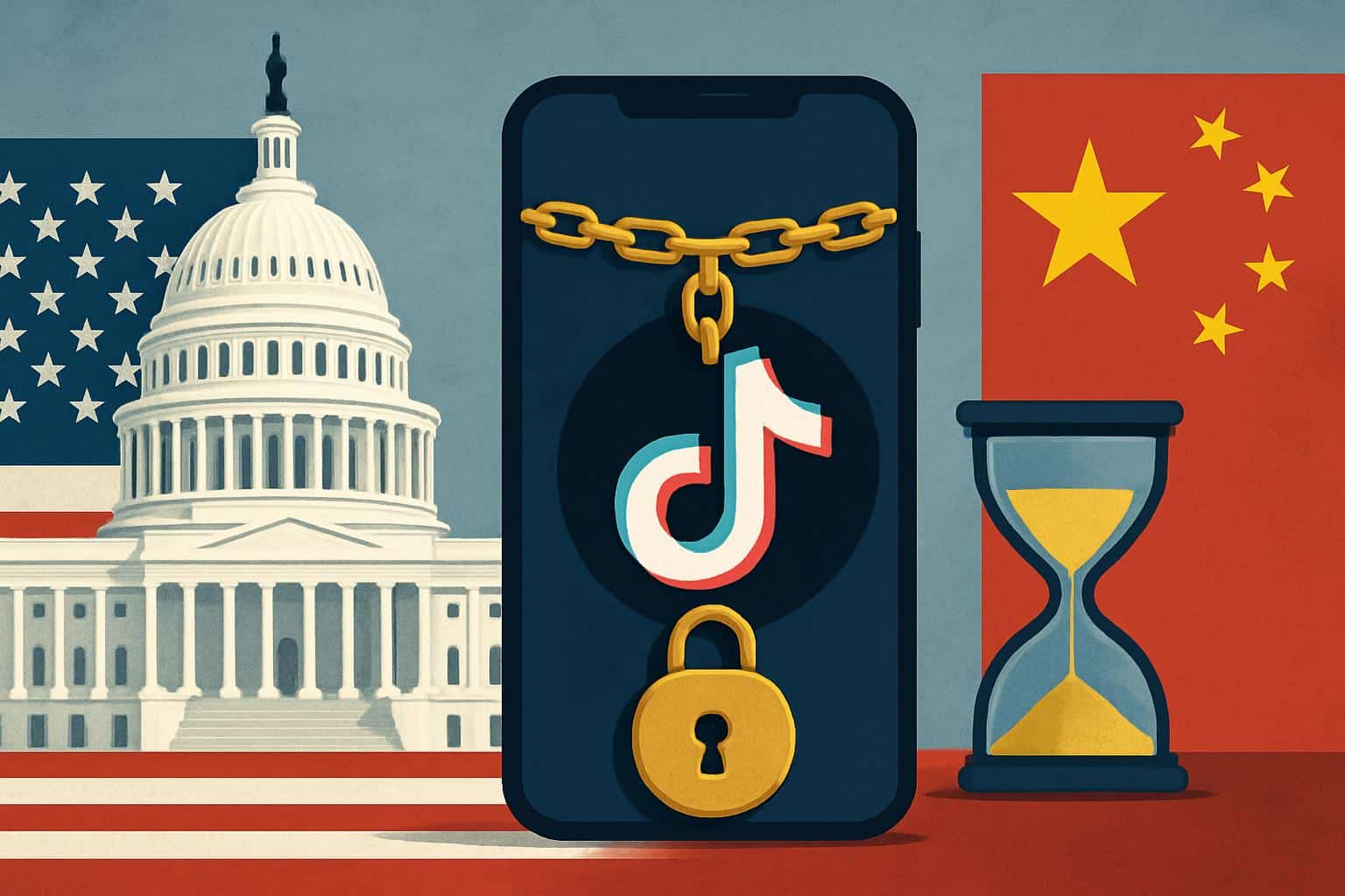 TikTok logo and White House, signaling Trump's extended deadline and emerging sale terms