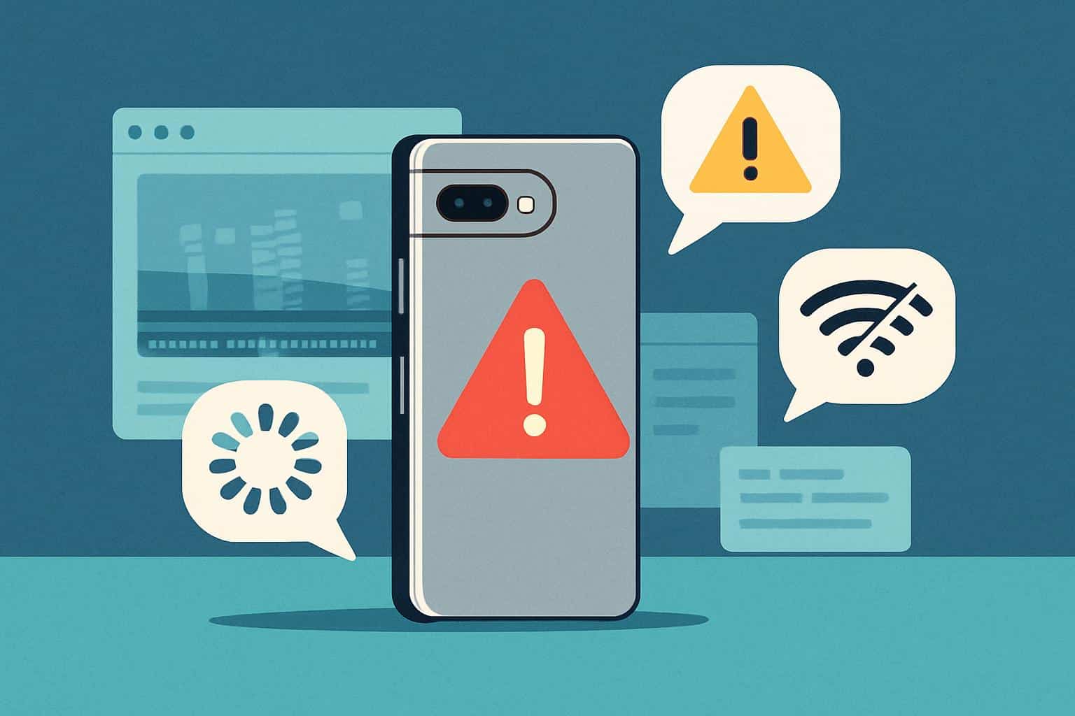 Google Pixel 9 with error alerts and settings for troubleshooting common issues