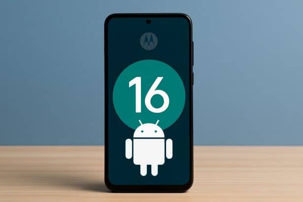 Motorola smartphone with Android 16 update screen confirming stable rollout