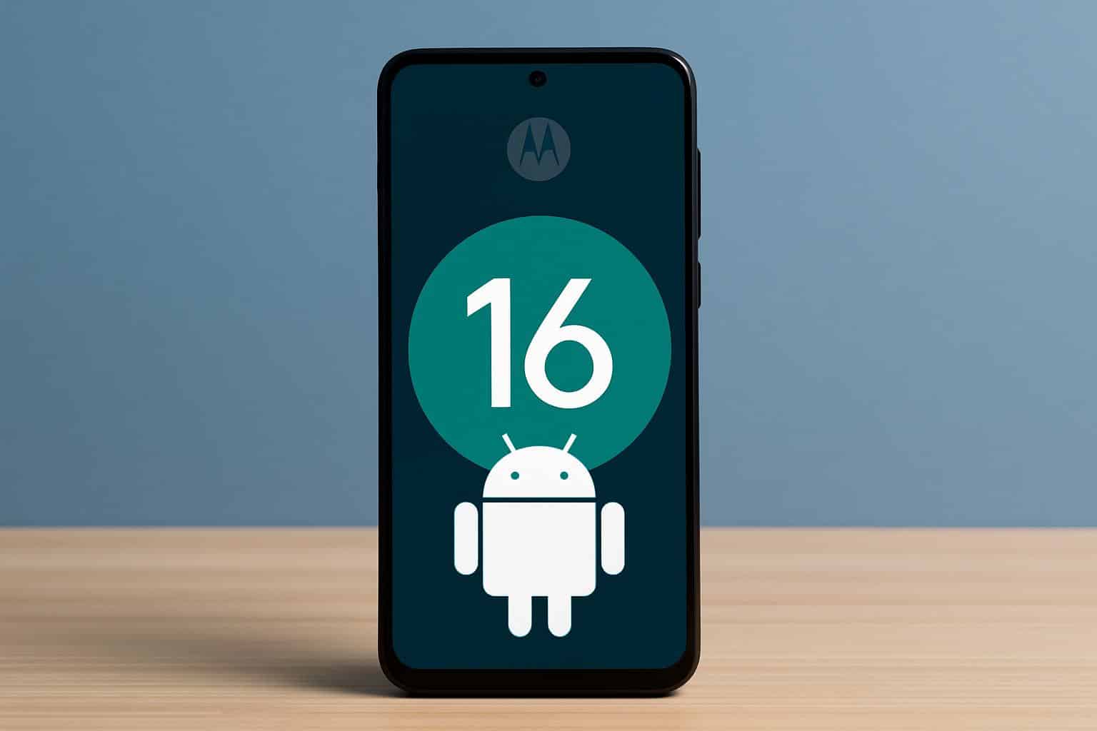 Motorola smartphone with Android 16 update screen confirming stable rollout