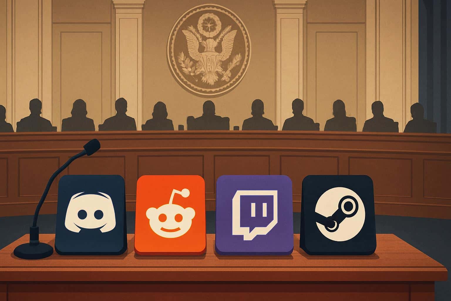 U.S. Capitol with Discord, Reddit, Twitch, Valve logos for Congress hearing on Kirk shooting