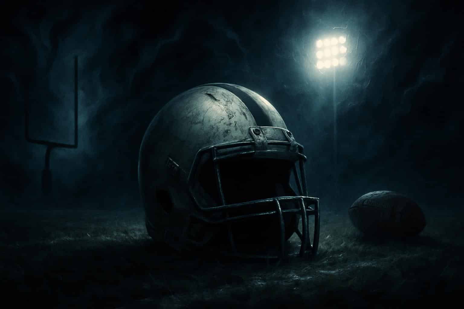 American football helmet in eerie light, symbolizing the psychological horror in Him