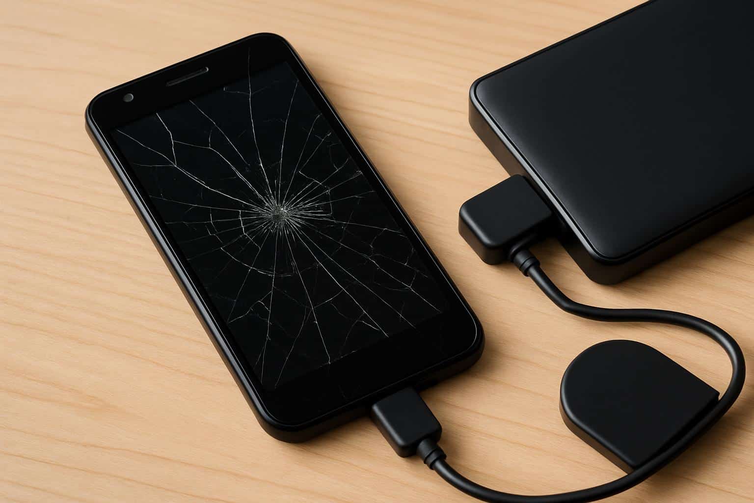 Broken Android phone connected to laptop via USB for data recovery