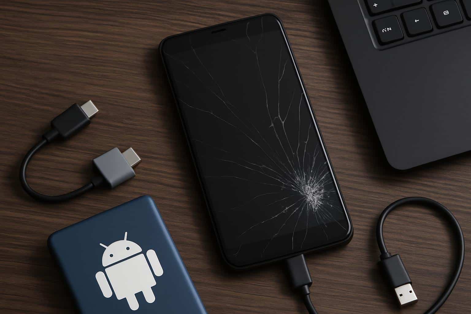 Broken Android phone with cracked screen connected to laptop running data recovery software