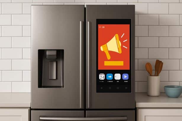Samsung Family Hub smart fridge touchscreen displaying ads