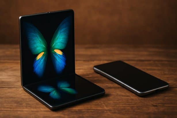 Book-style foldable phone unfolded next to a slab phone for comparison
