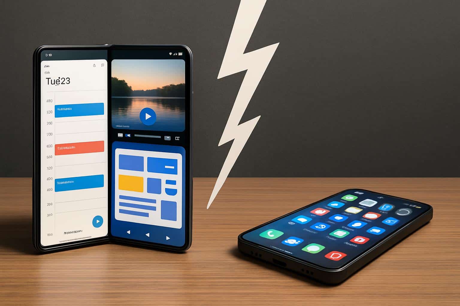 Book-style foldable phone unfolded beside slab phone for side-by-side comparison