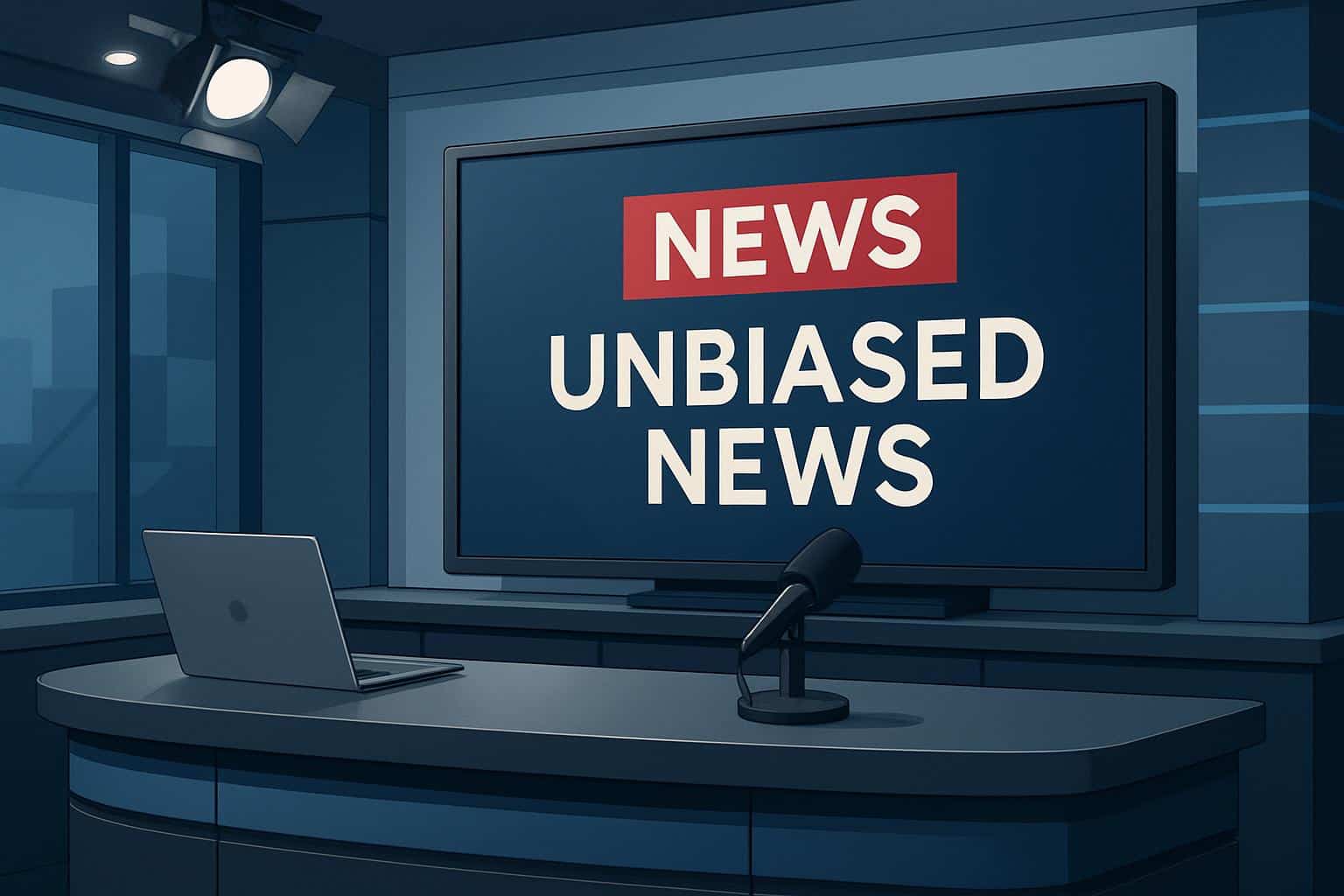 Neutral newsroom set with balanced scale and world map screens, best unbiased news channel