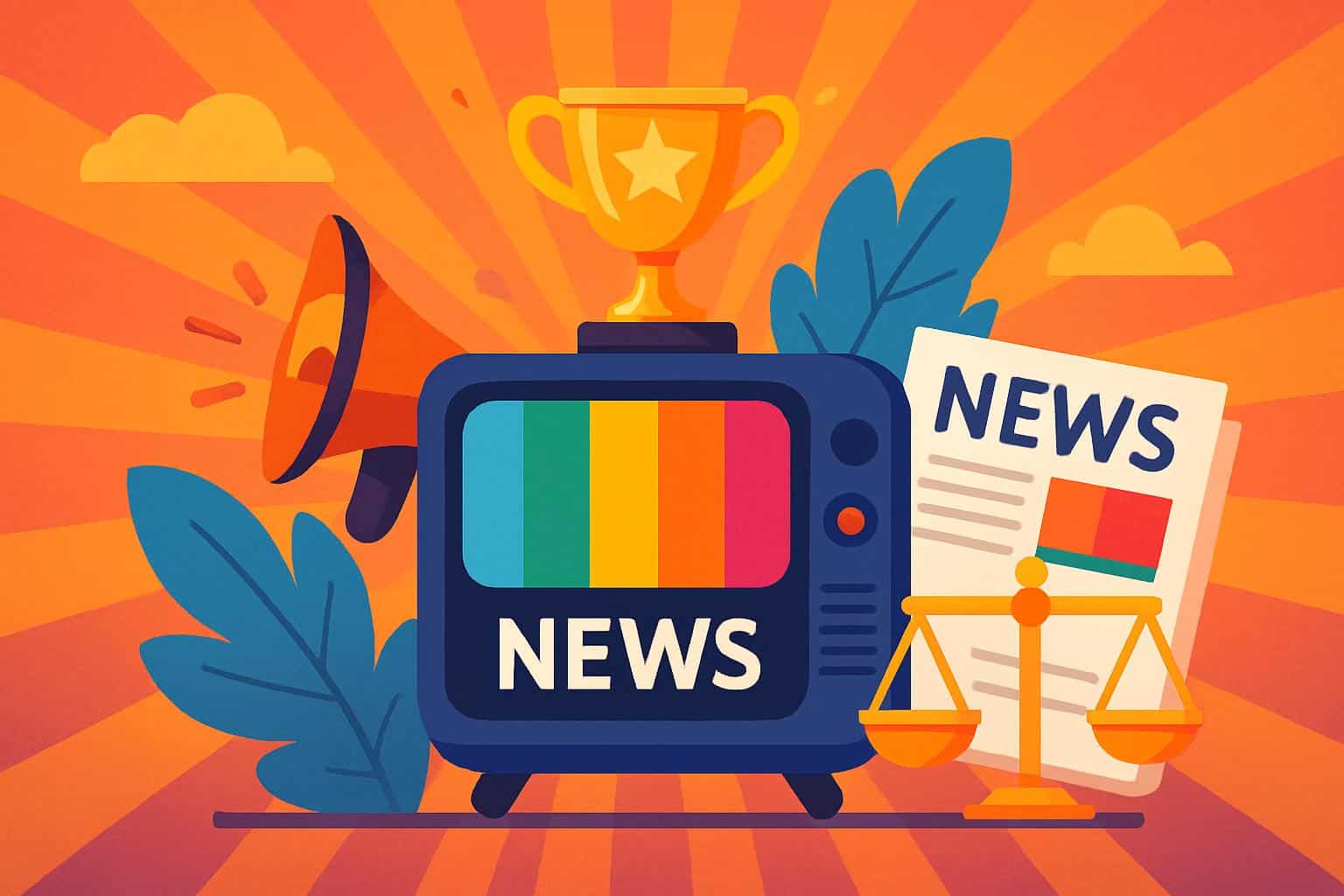 Balanced scales over a vibrant globe and satellite dishes, symbolizing best unbiased news channel