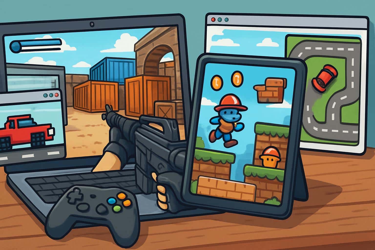 Unblocked games Freezenova: 3D racer, FPS arena, puzzle icons in neon browser grid