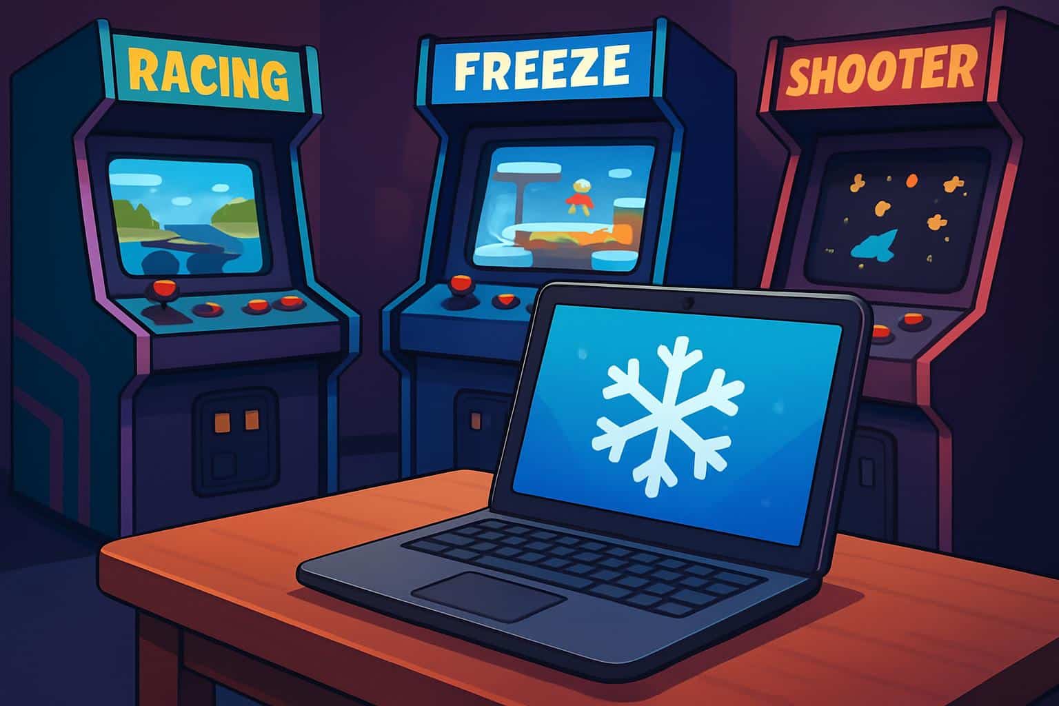 unblocked games freezenova neon arcade scene with icy blue grid, portals, isometric view