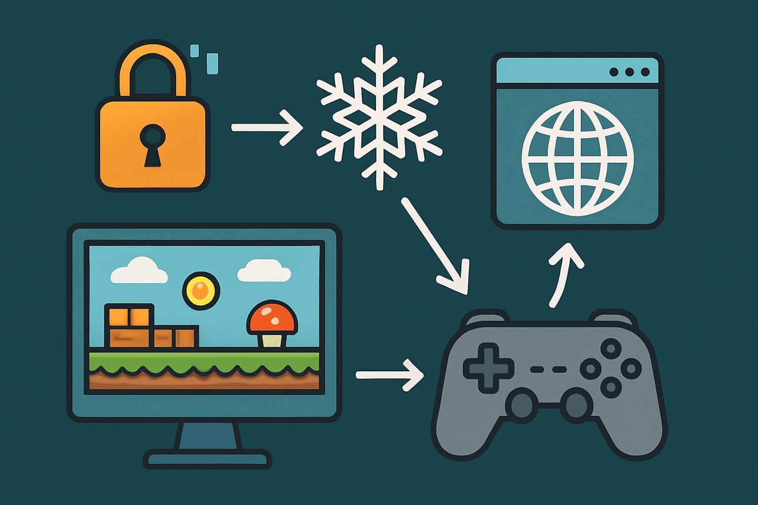 Flowchart of unblocked games: proxy path, server nodes, arrows to play