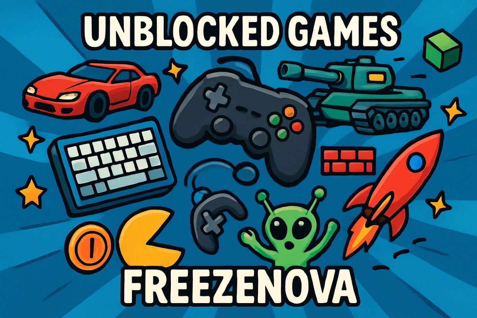 Colorful neon gamepad with arcade icons in sci‑fi city, freezenova theme