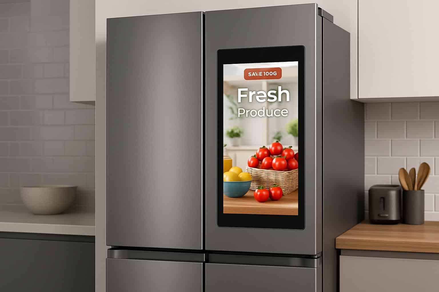 Samsung smart fridge screen showing kitchen ads on Family Hub display