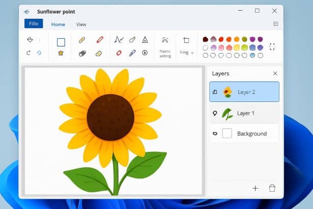 Microsoft Paint interface showing PSD-style project files support and new editing features