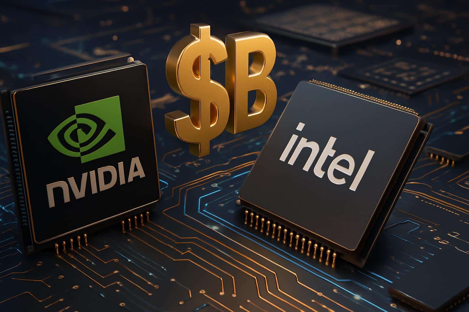Nvidia and Intel logos on circuit board highlighting B AI chip pact