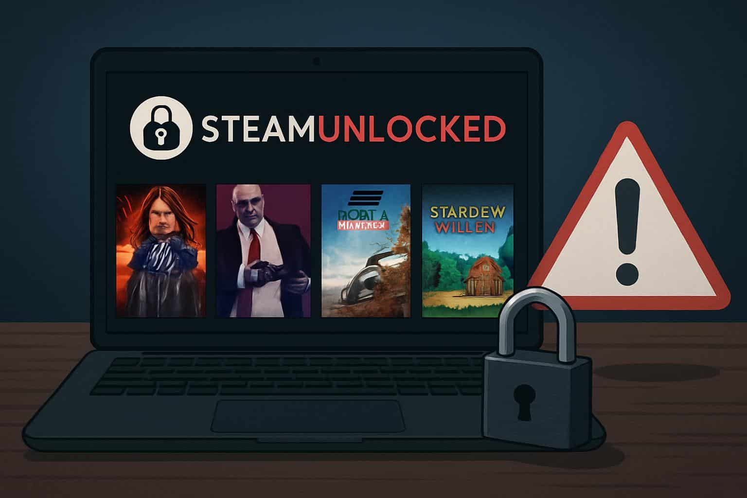 PC showing game download site with padlock and warning icons, SteamUnlocked concept