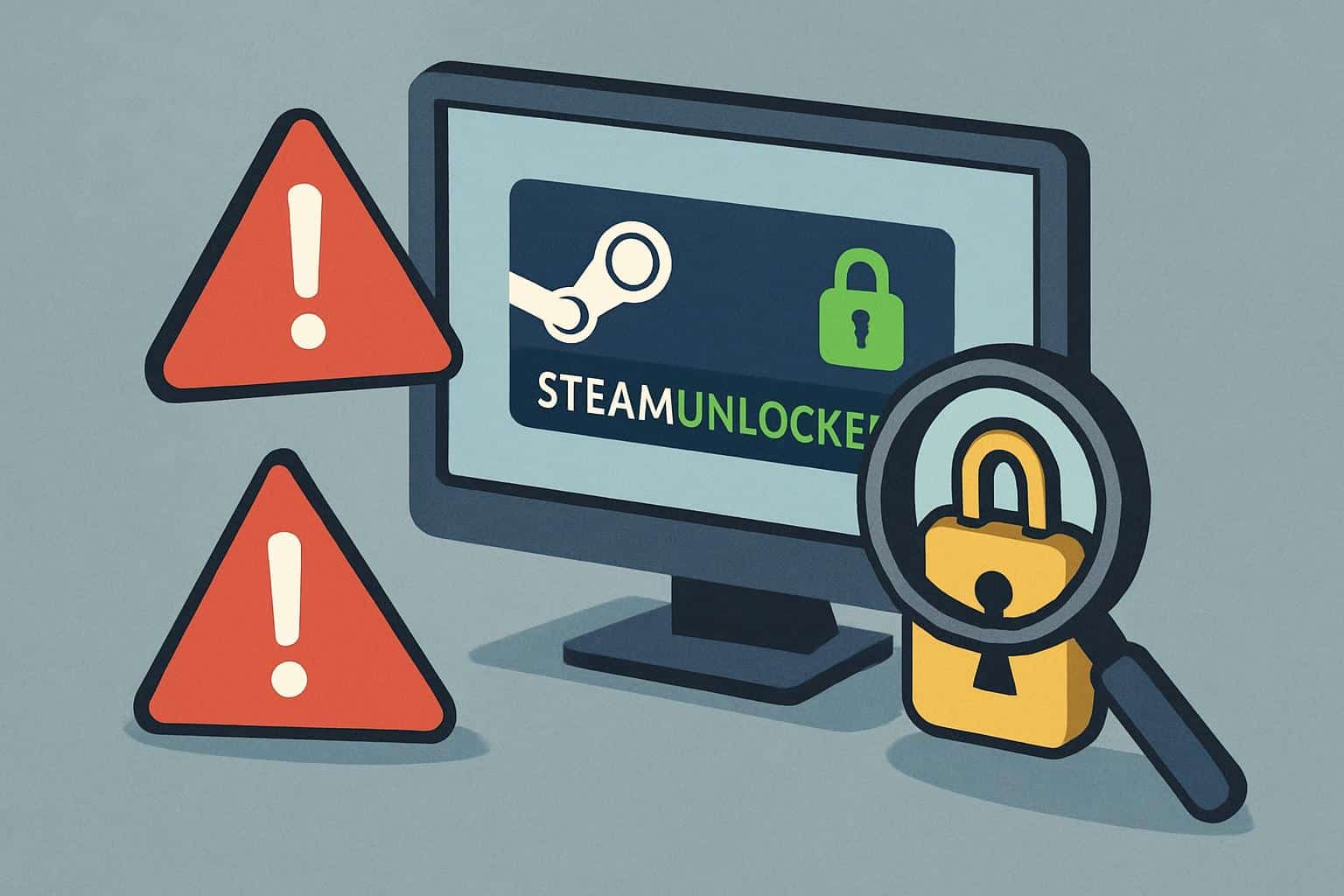 Isometric PC with padlock, shield, and malware alerts, depicting SteamUnlocked safety risks