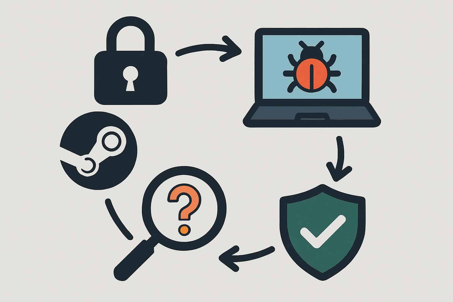 Flowchart: is SteamUnlocked safe? Padlock, shield, downloads, antivirus, malware alert.