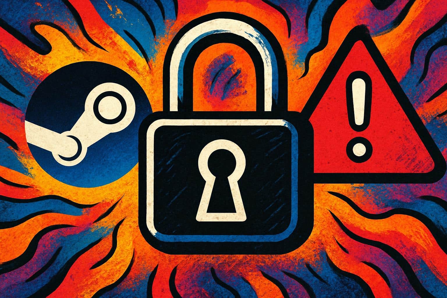 Gaming PC with padlock, download and malware icons; SteamUnlocked safety concerns