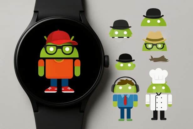 Wear OS smartwatch displaying custom Androidify bot watch face