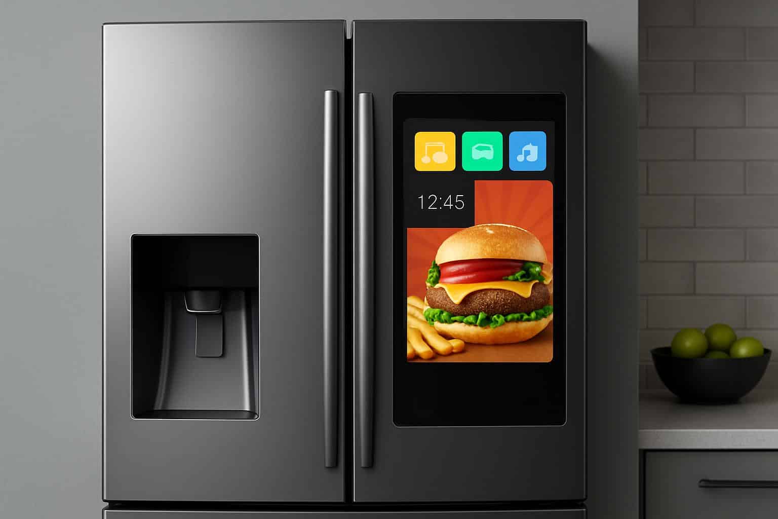 Samsung smart fridge touchscreen showing ads and settings to bypass them