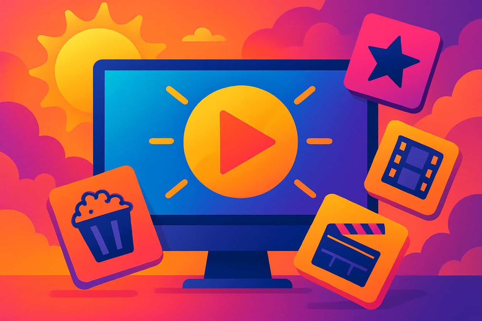 Colorful movie reels and play icons for streaming, representing Solarmovie alternatives
