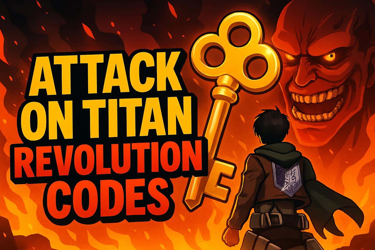 Roblox Attack on Titan Revolution codes art: titan silhouette over Wall Maria, glowing symbols