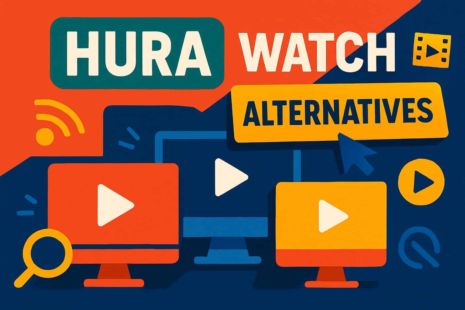 Vibrant collage of streaming icons, TV, and film reels showing Hurawatch alternatives