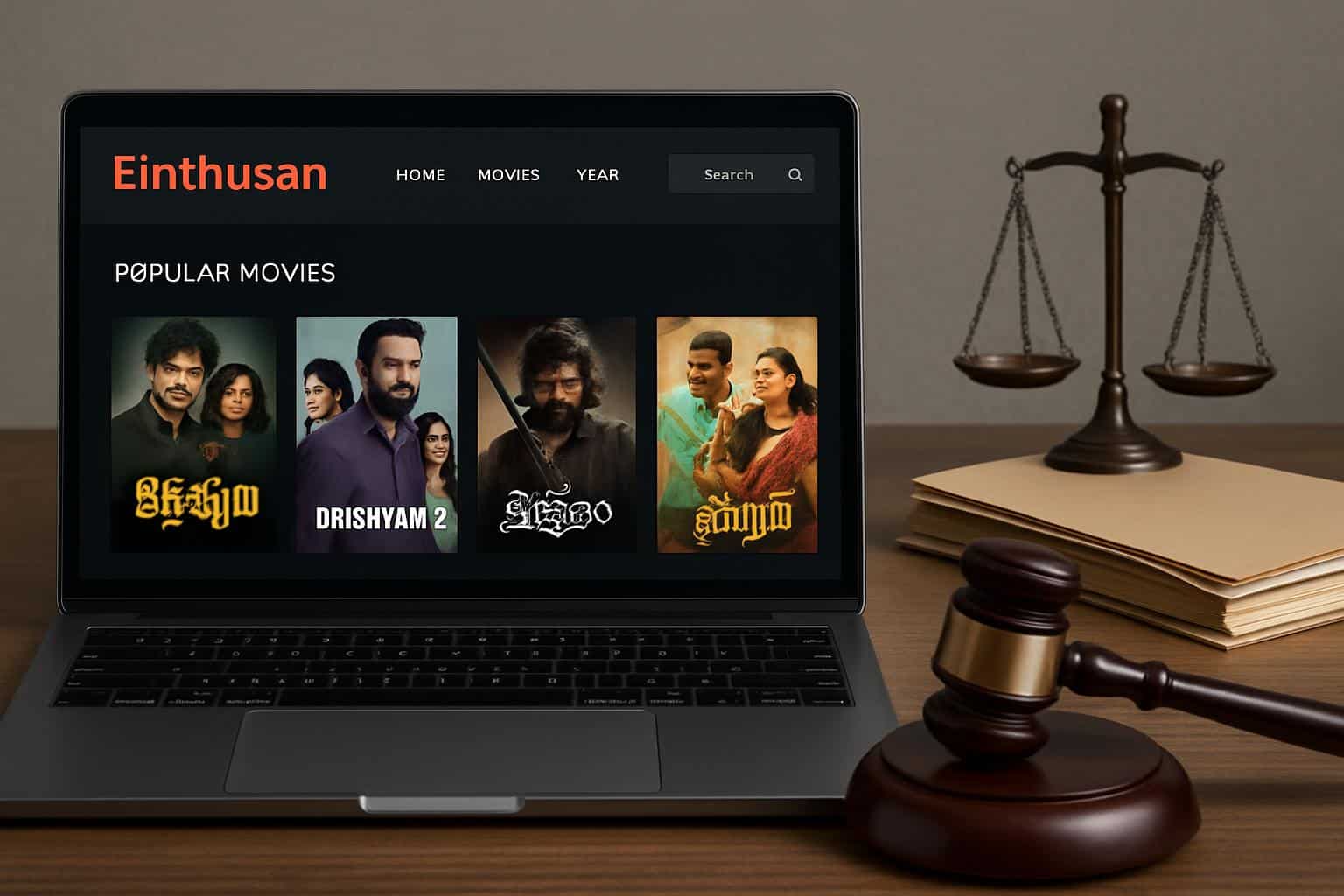 Einthusan legality concept: laptop streaming South Asian films beside scales and gavel