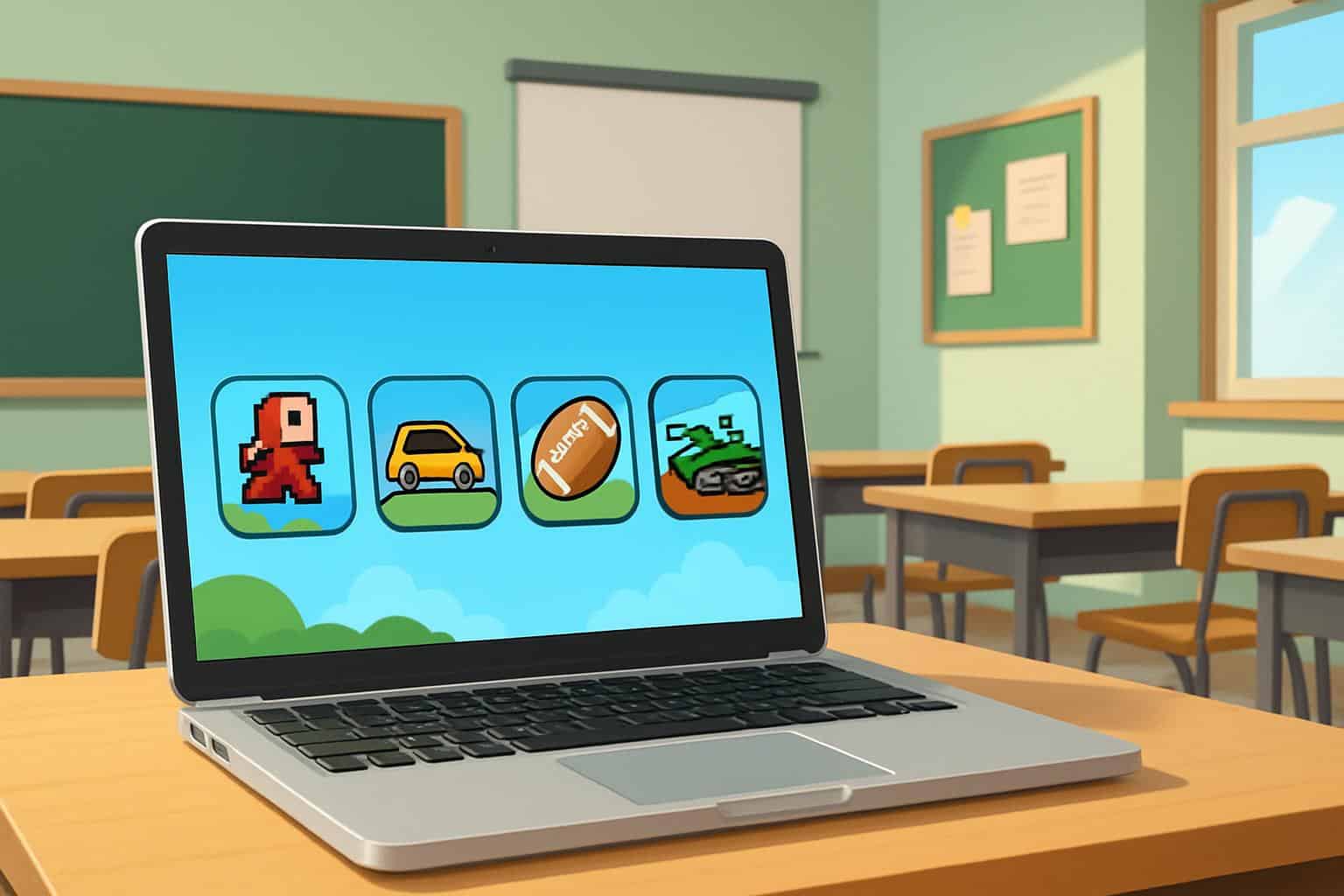 School laptop with browser-based unblocked games for school, empty classroom background