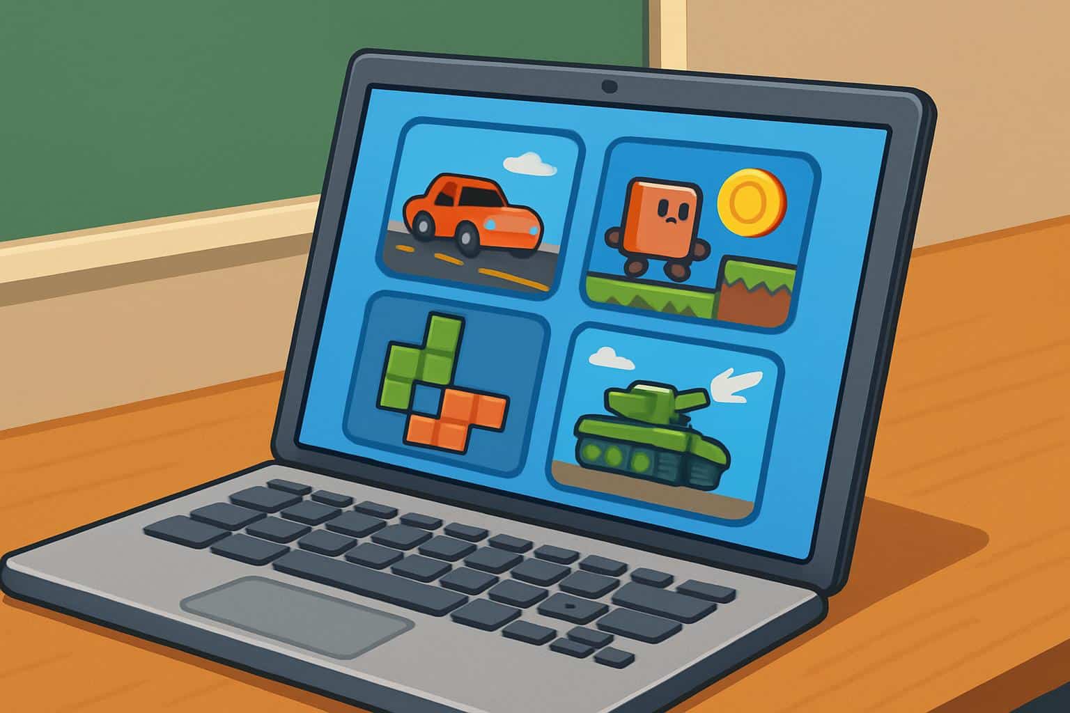 Unblocked games concept: isometric laptop with game and open padlock on a classroom desk