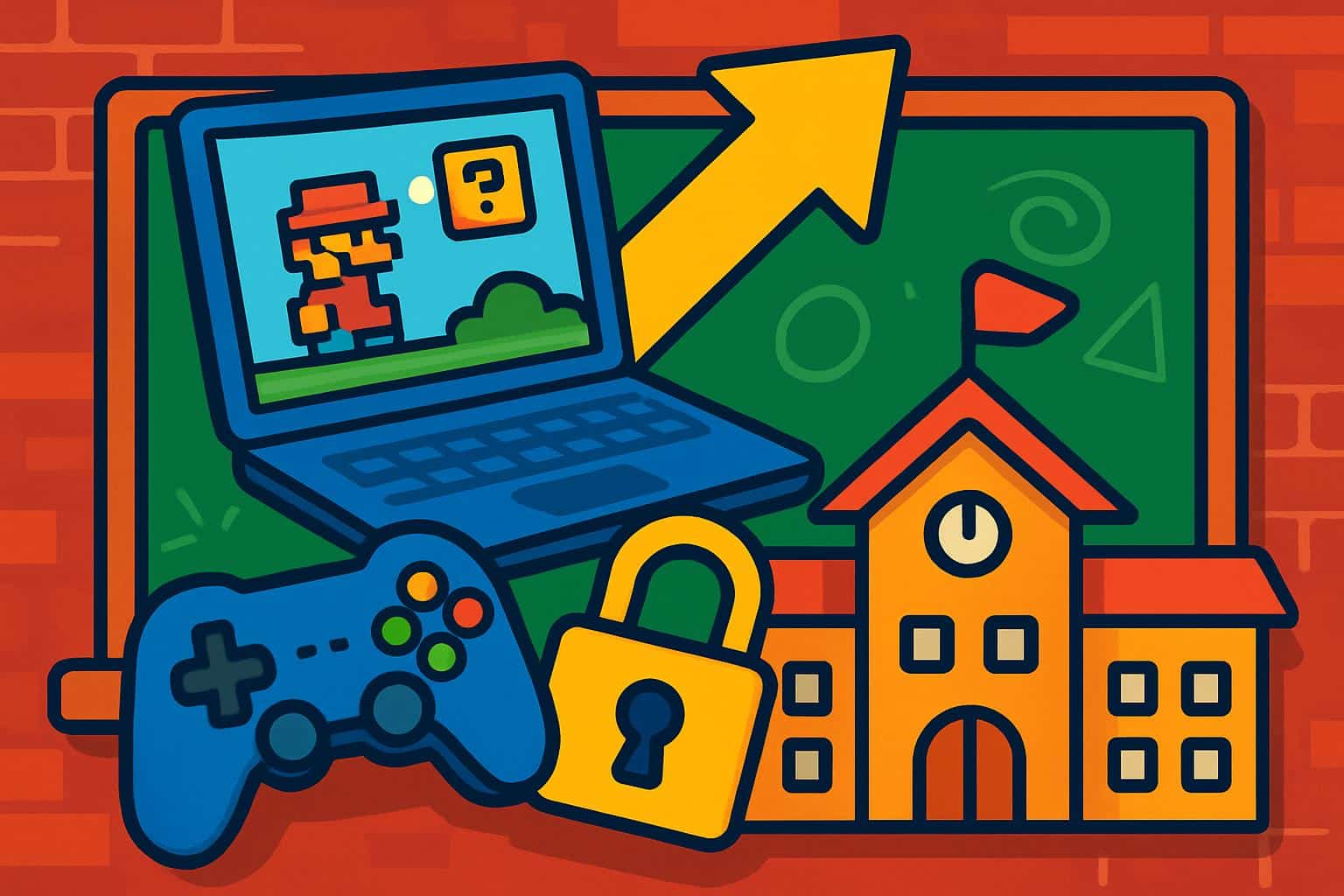 Colorful school laptop with arcade game and controller