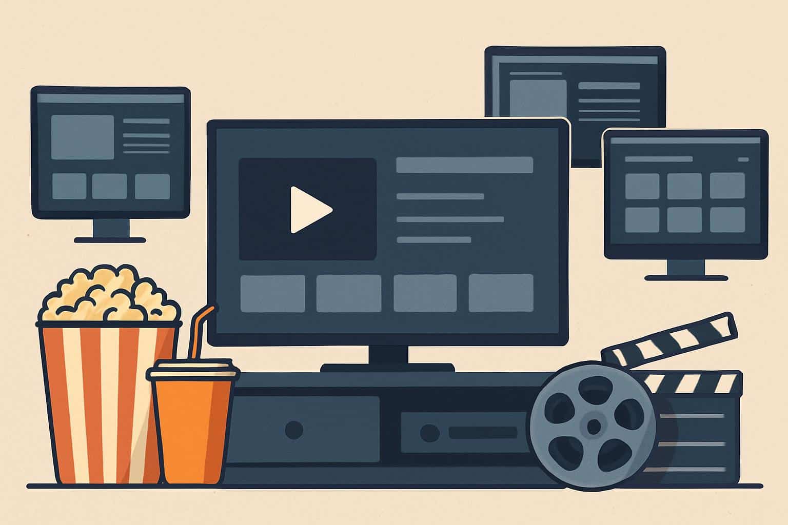 MoviesJoy alternatives concept showing streaming app tiles, film reel, and TV screen