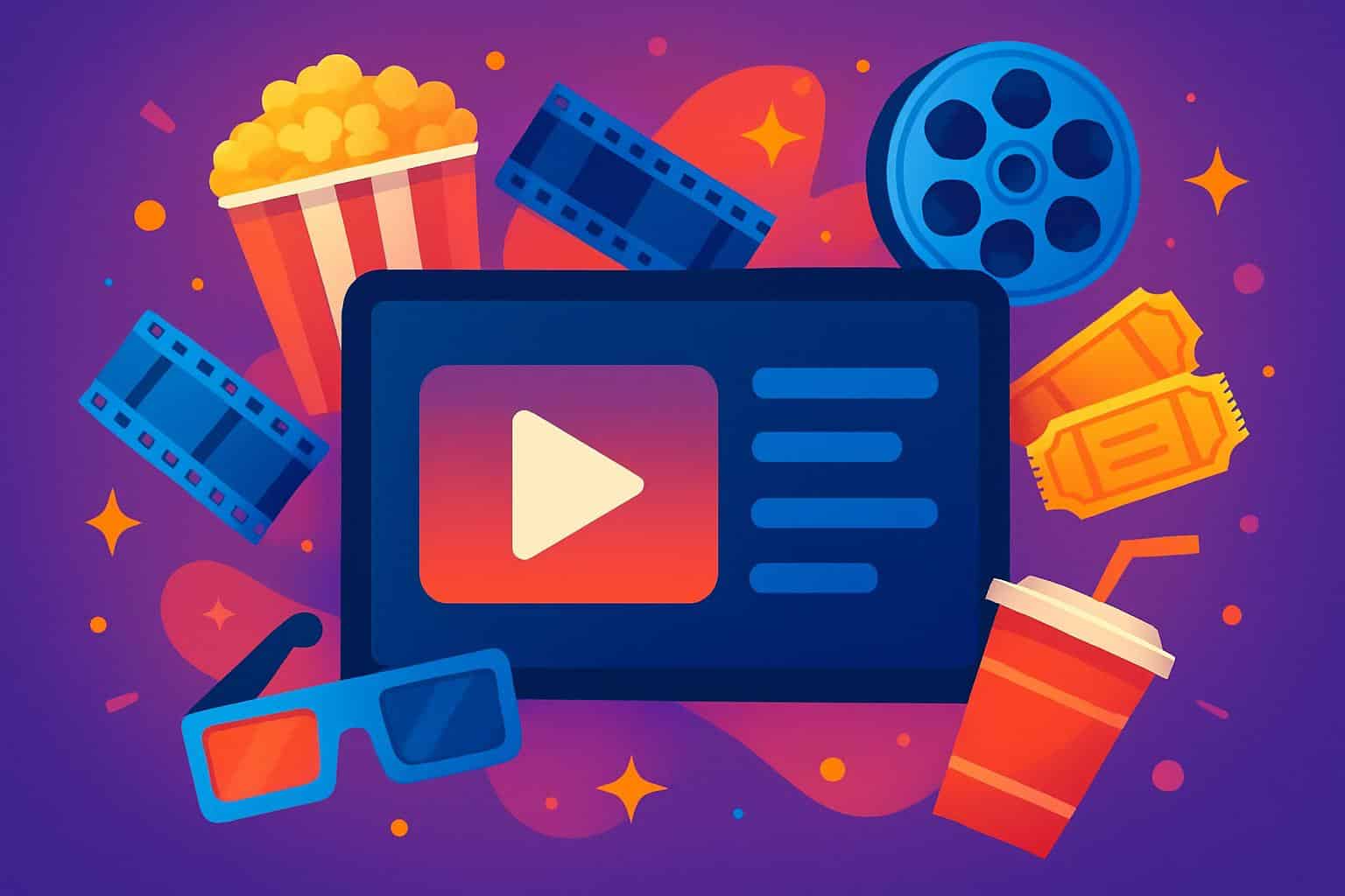 Moviesjoy alternatives collage with colorful streaming screens, film reels, and play icons