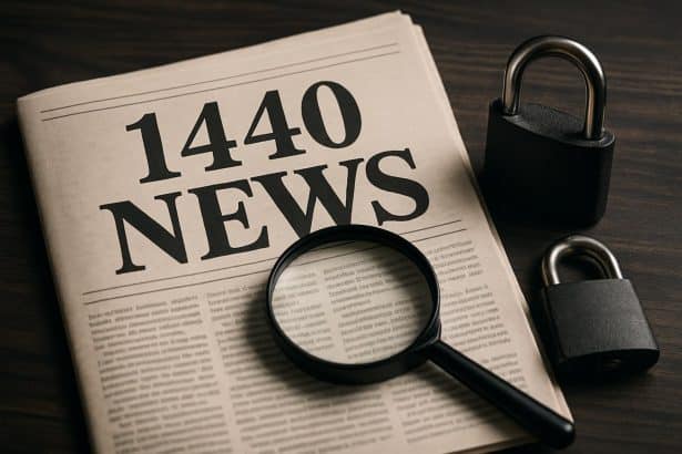 1440 News safe and legit: newspaper and phone with shield, checkmark, padlock.