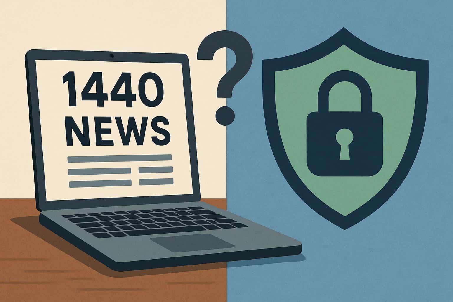 1440 News site on laptop with padlock and checkmark icons, indicating safe and legit