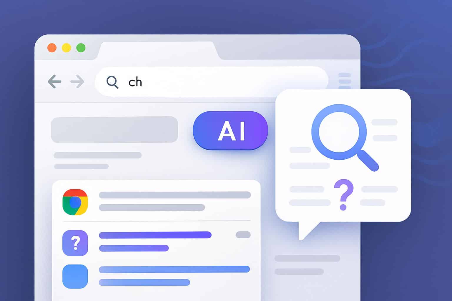 Google Chrome omnibox showing AI Mode toggle and improved search query suggestions