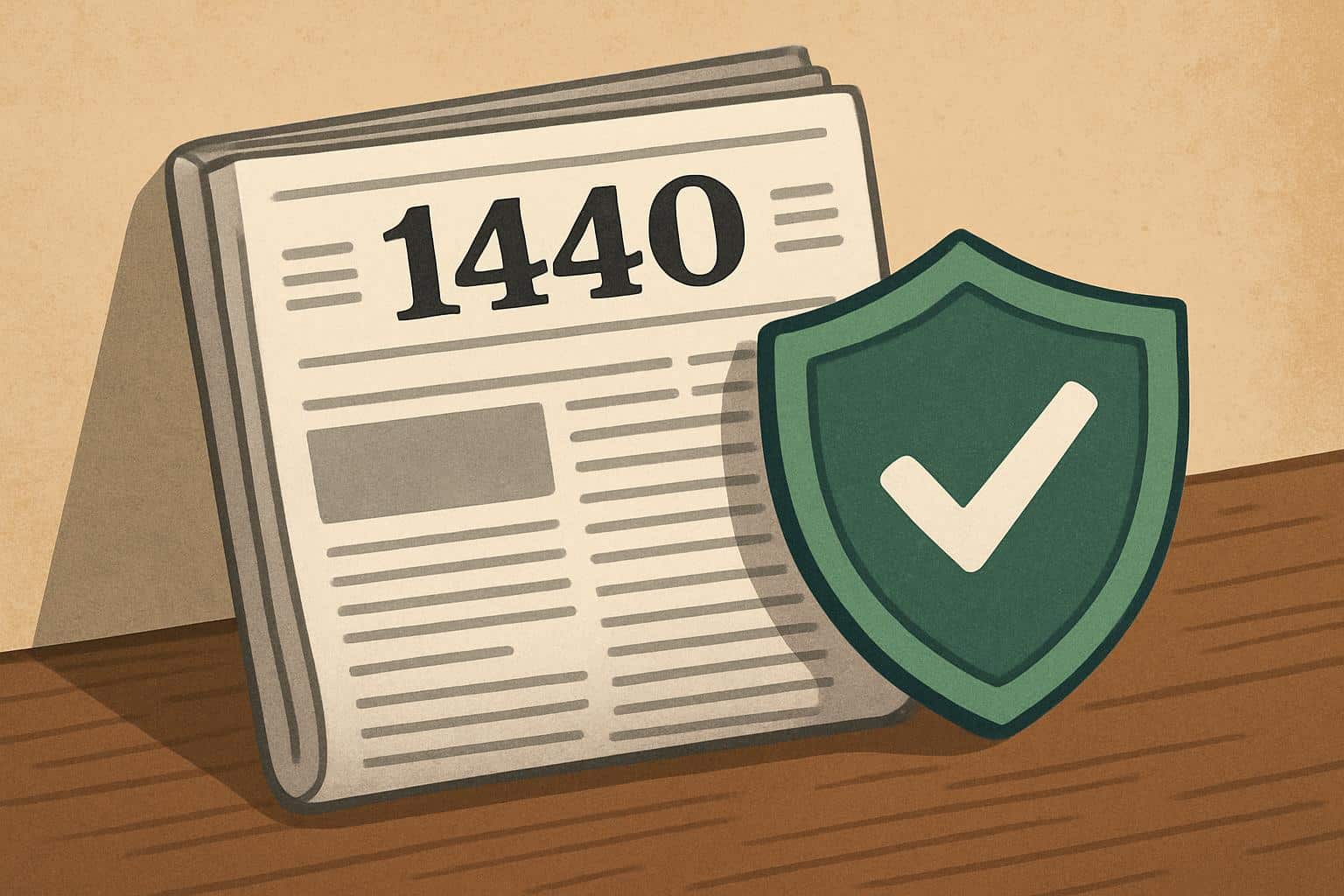 Isometric shield, padlock, and newspaper icon, signaling 1440 News safe and legit