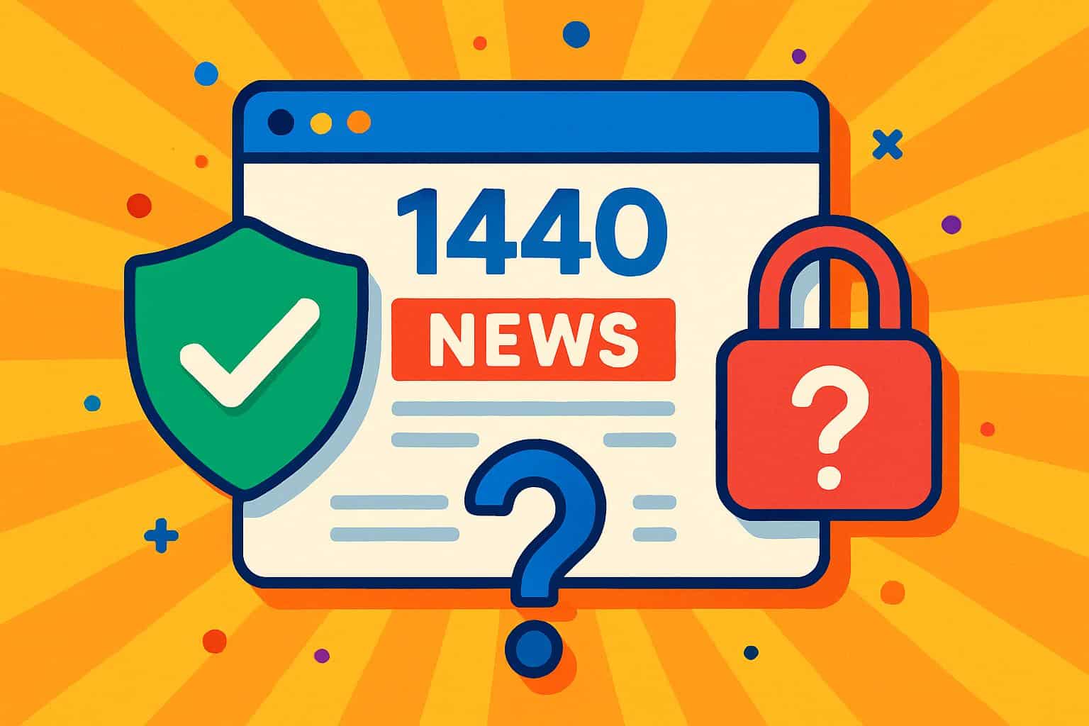 Bright shield, checkmark, and magnifying glass over news icons, 1440 News safe and legit