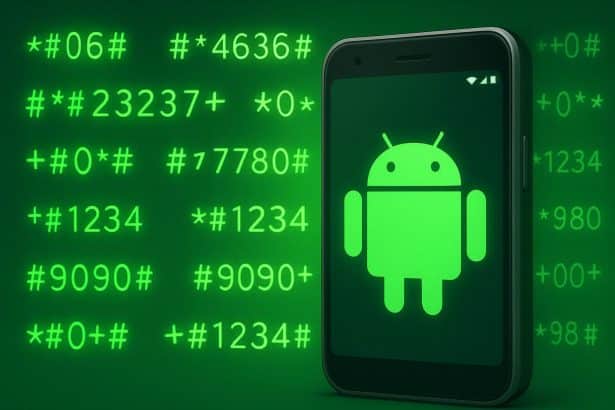 Android secret codes on phone dialer with code symbols over glowing green circuit board