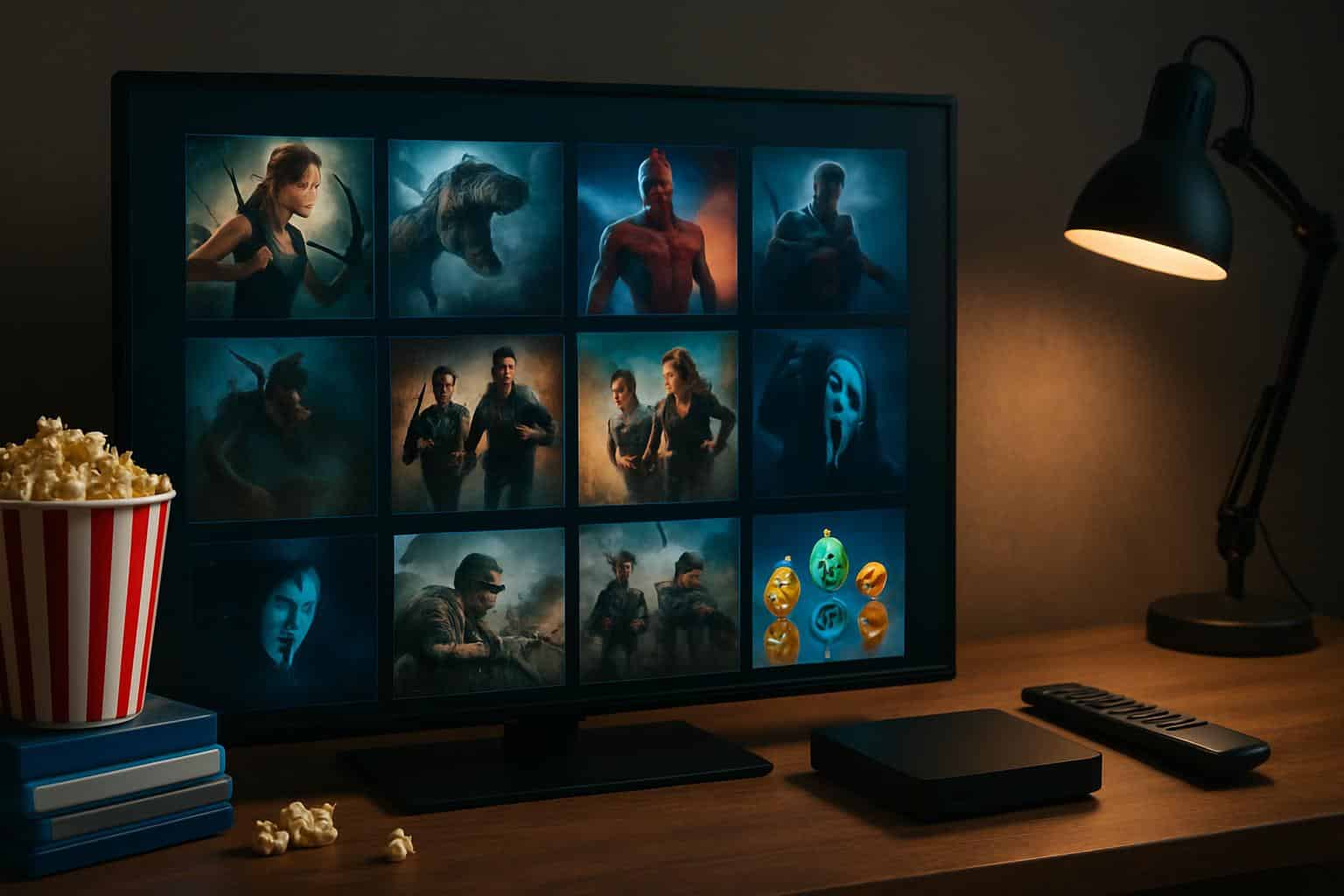 Home theater with multiple streaming screens, film reel, and popcorn, GoMovies alternatives