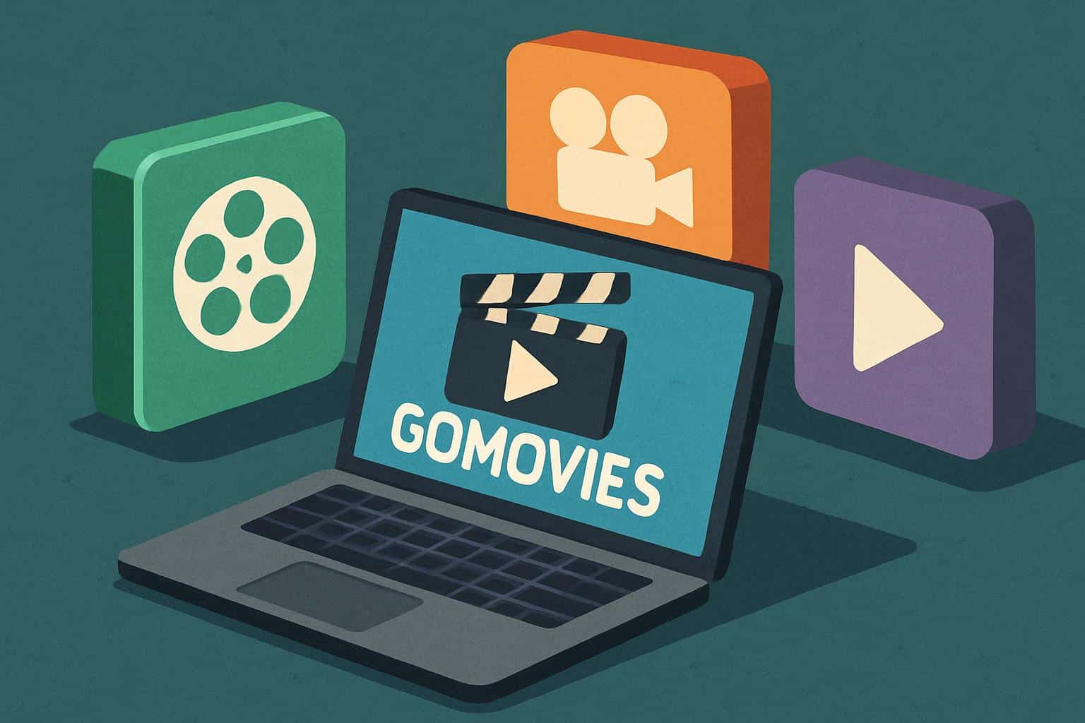 Laptop with film reel and branching paths to play icons, symbolizing GoMovies alternatives