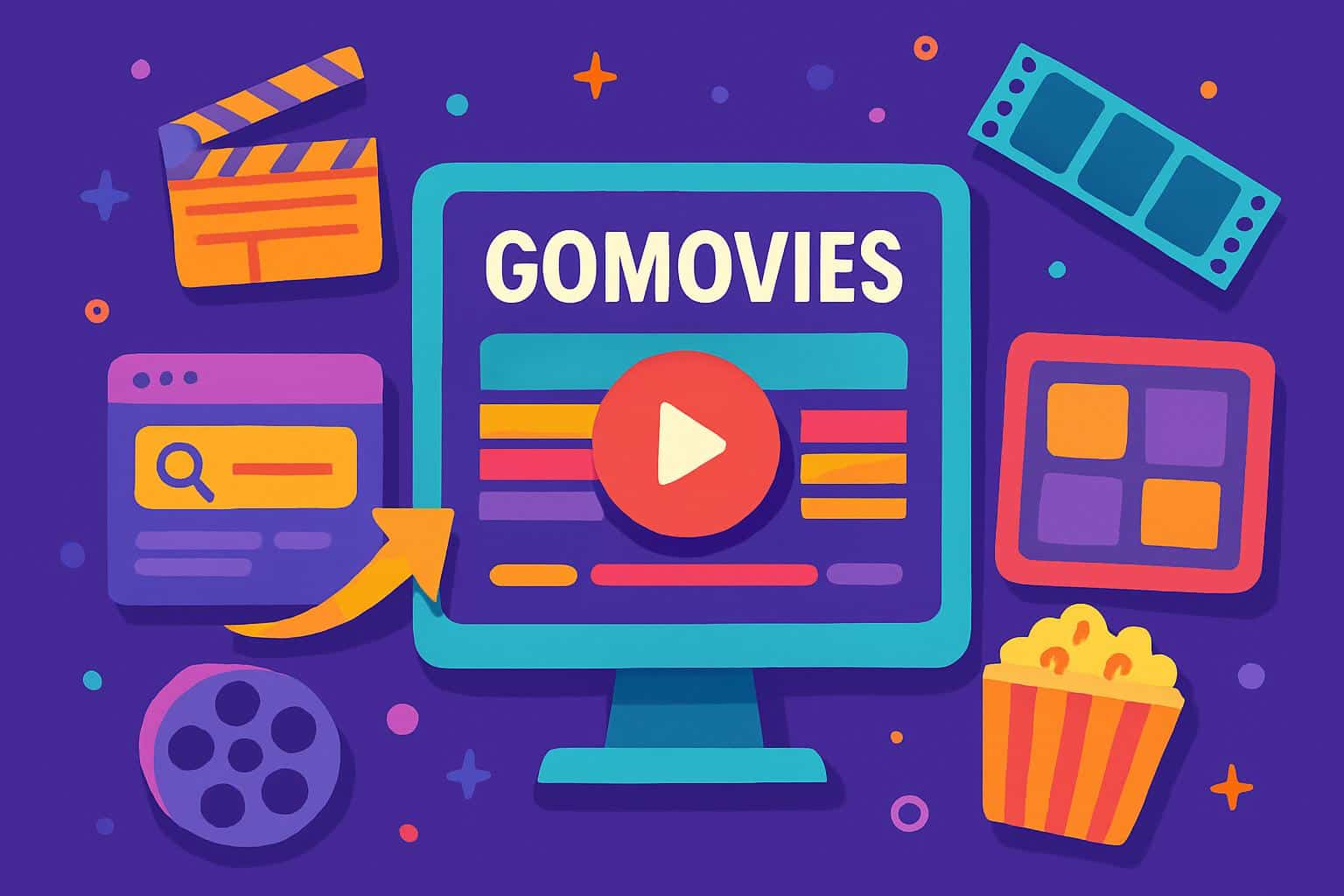 Vibrant collage of streaming icons, play buttons, and film reels for GoMovies alternatives