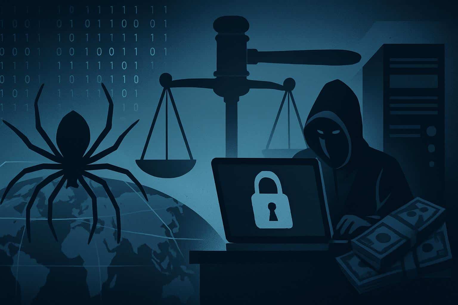 Scattered Spider cyberattack concept with code, spider web, and US-UK flags
