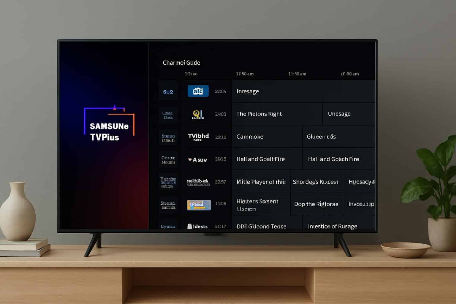 Samsung TV Plus channels list on smart TV screen with grid of channel logos in a living room